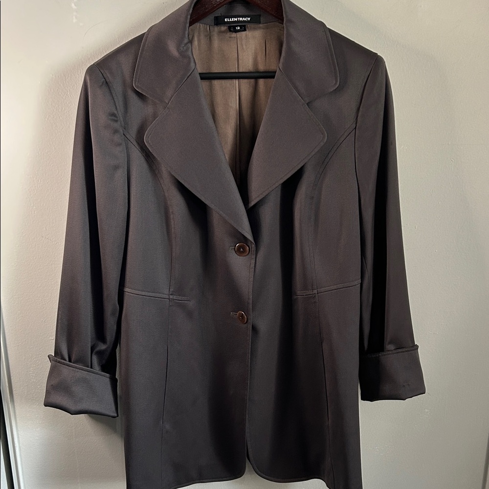 Ellen Tracy Women's Dark Gray Sleek Look 2  Button Long Fitted Blazer Jacket - Picture 8 of 11